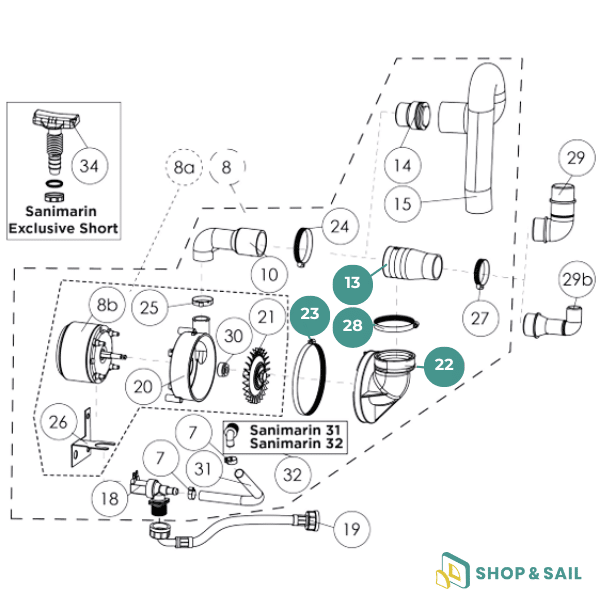 Pièces détachées pour toilettes Sanimarin 31 et 32 SFA